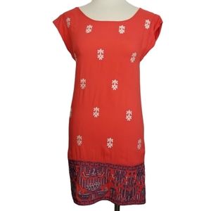 THML Coral Red Embroidered Shift Dress XS Boho Ethnic Tribal Print Hem Coastal